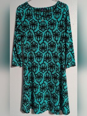 Kaari Teal and Black 3/4 Length Sleeve A-Line Dress
